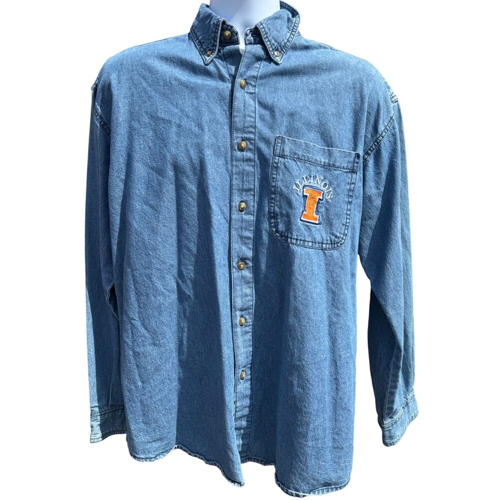 VTG 90's Illini U of I Fighting Denim button up shirt SZ L Joe College Authentic